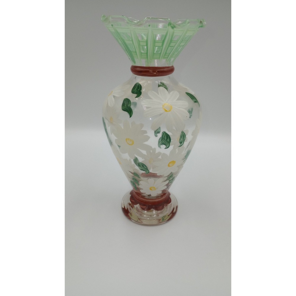 Vintage Tracy Porter Hand Painted Daisy Floral Design Art Glass Vase  (6.5")